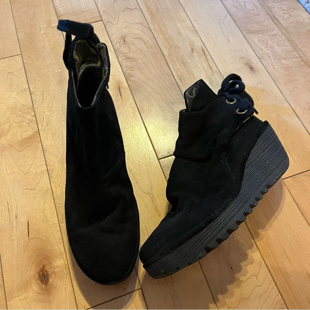 Fly London Black Suede Lace up the back Ankle booties size 42